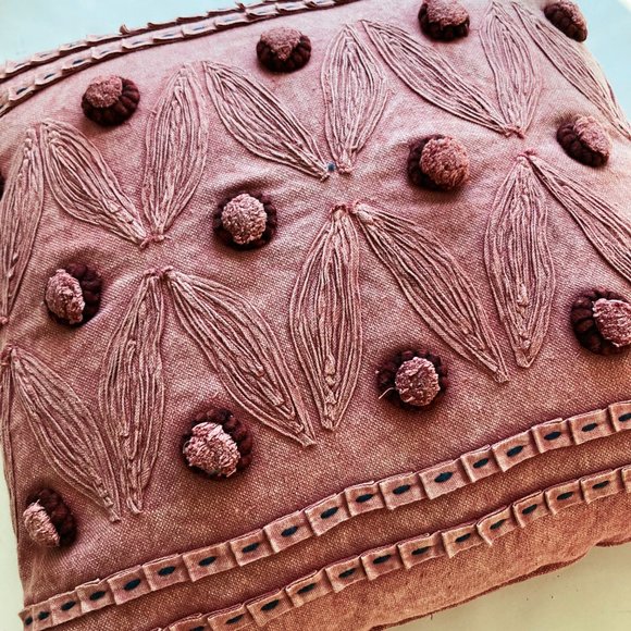 Pom Pom Throw Pillow, Faded Red, 20x20 - Picture 3 of 6